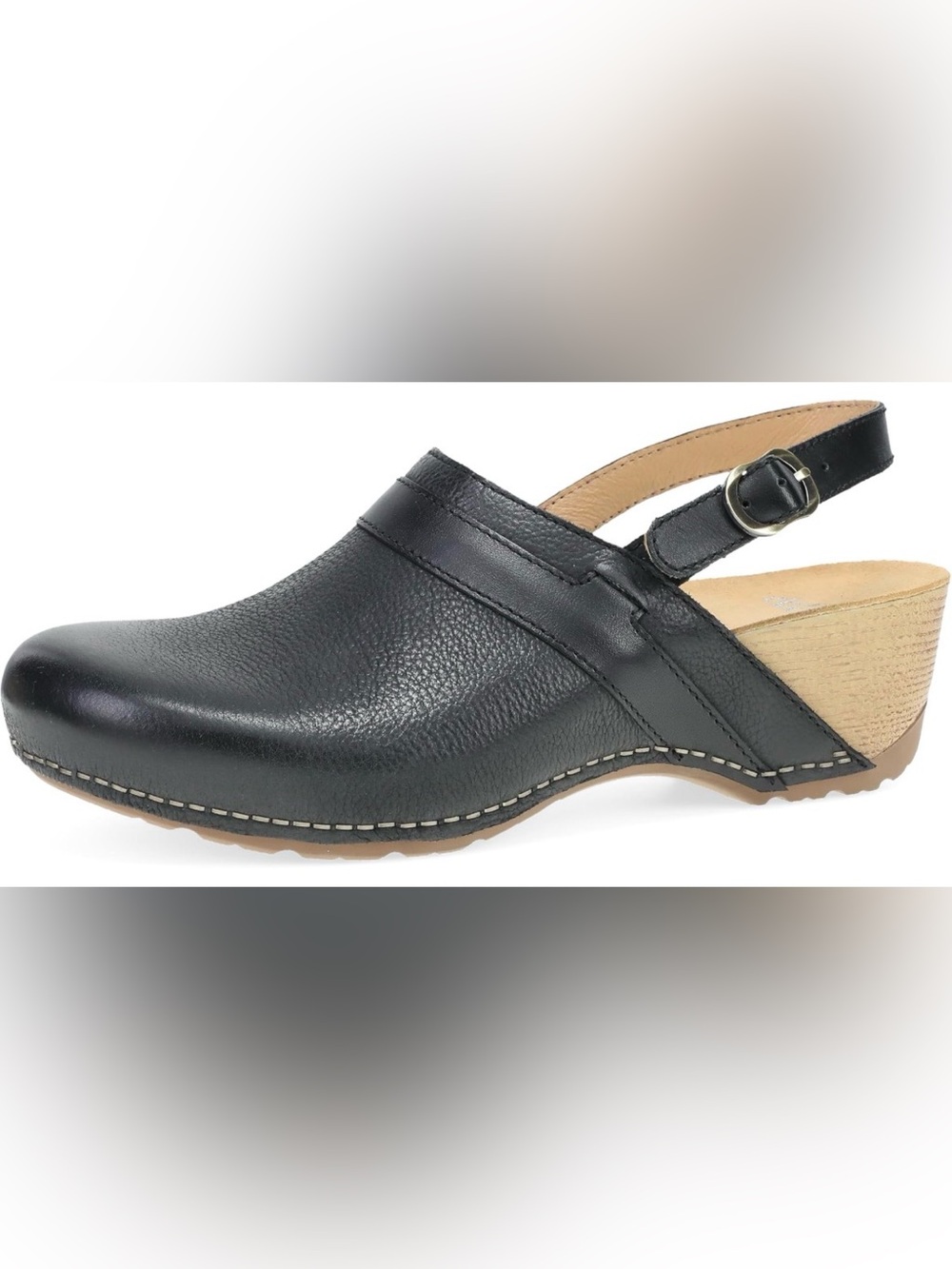 Dansko Black Leather Slingback Clogs with Tan Wood-Look Heel